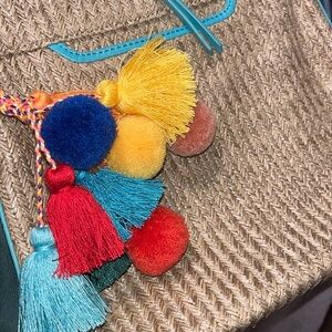 HOBO Crossbody Bag in Tan and Blue with Vibrant Tassel, pics don’t do it justice